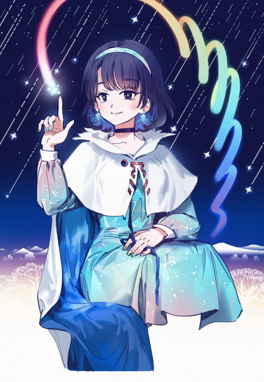1girl absurdres blue_cape blue_choker blue_dress blue_hair blue_ribbon cape capelet choker closed_mouth collarbone commentary_request dress highres long_sleeves night pointy_ears puffy_sleeves ribbon shooting_star short_hair sitting smile solo tenkyuu_chimata touhou white_cape white_capelet