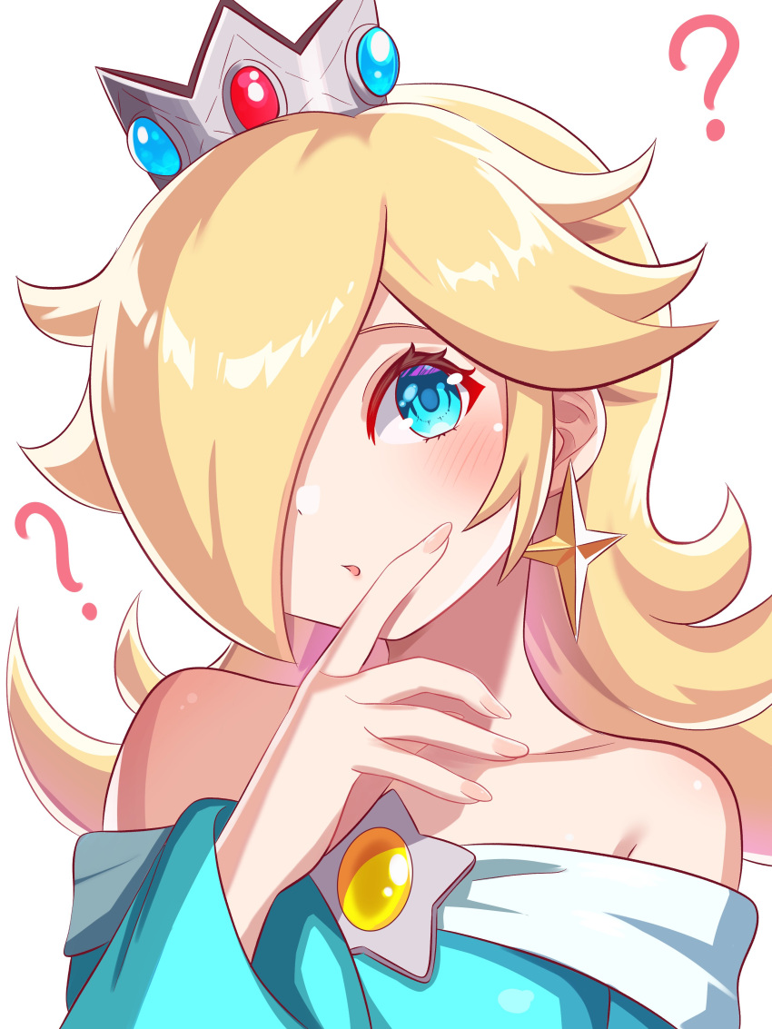 1girl ? absurdres blonde_hair blue_dress blue_eyes brooch crown dress earrings gem hair_over_one_eye highres jewelry long_sleeves looking_at_viewer medium_hair off-shoulder_dress off_shoulder open_mouth rosalina ryu160303 solo star_(symbol) star_brooch star_earrings super_mario_bros. super_mario_galaxy upper_body