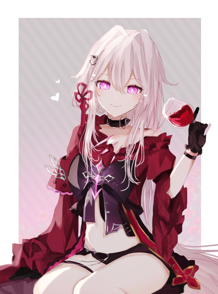 1girl absurdres anklet armlet bare_legs belly black_choker black_gloves black_shorts bright_pupils choker cup drinking_glass gloves hair_ornament heart highres holding holding_cup honkai_(series) honkai_impact_3rd jacket jewelry long_hair long_sleeves navel purple_ribbon red_jacket ribbon rosu_(rostar1r) shorts simple_background single_bare_shoulder sitting smile solo thelema_(honkai_impact) upper_body very_long_hair violet_eyes white_hair white_pupils wine_glass