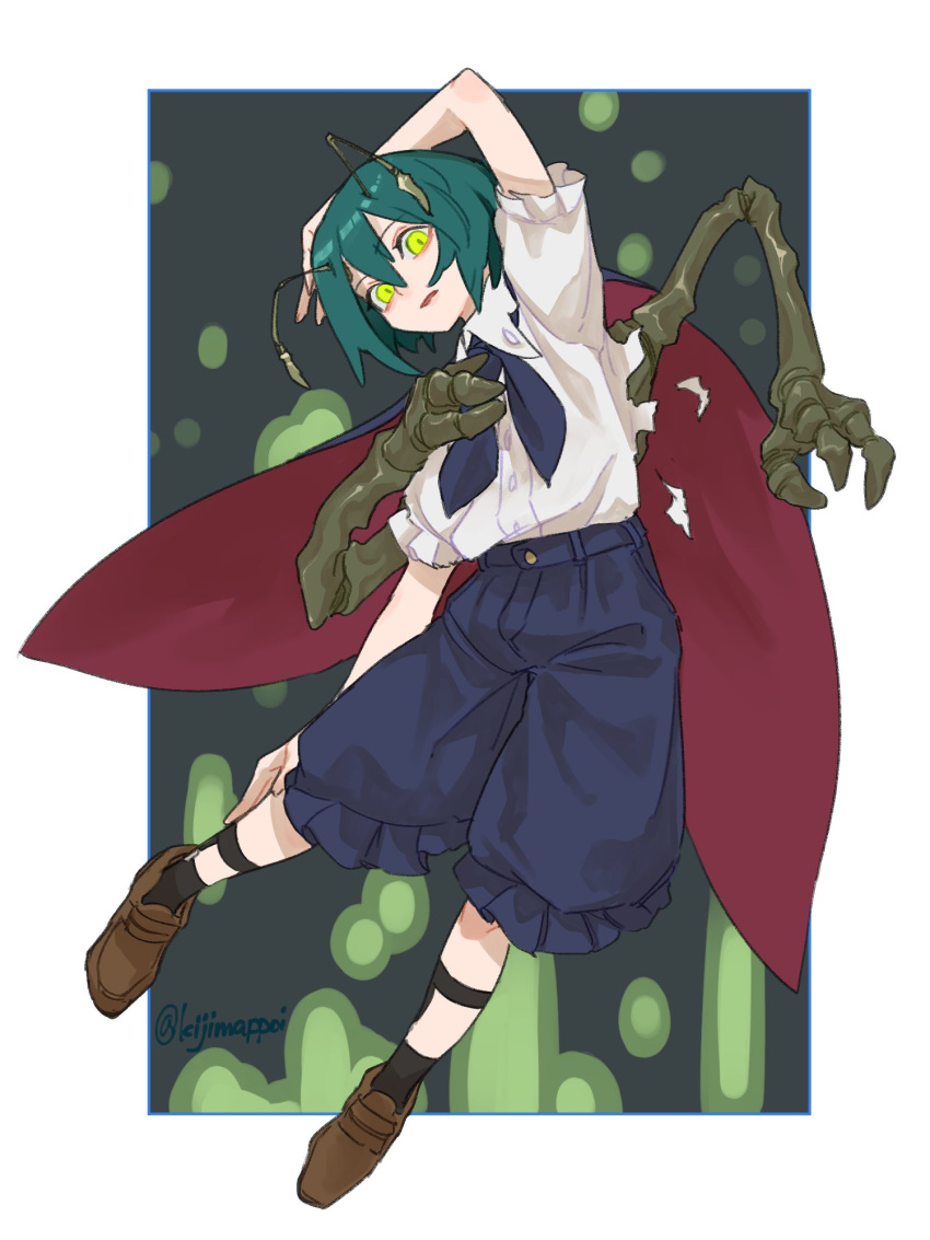 1girl amayadori-tei antennae arm_on_own_head arm_up arthropod_limbs black_socks blue_neckerchief blue_shorts brown_footwear cape collared_shirt commentary_request extra_arms full_body green_eyes green_hair highres loafers looking_at_viewer neckerchief open_mouth puffy_shorts red_cape shirt shoes short_hair short_sleeves shorts socks solo touhou twitter_username white_shirt wriggle_nightbug