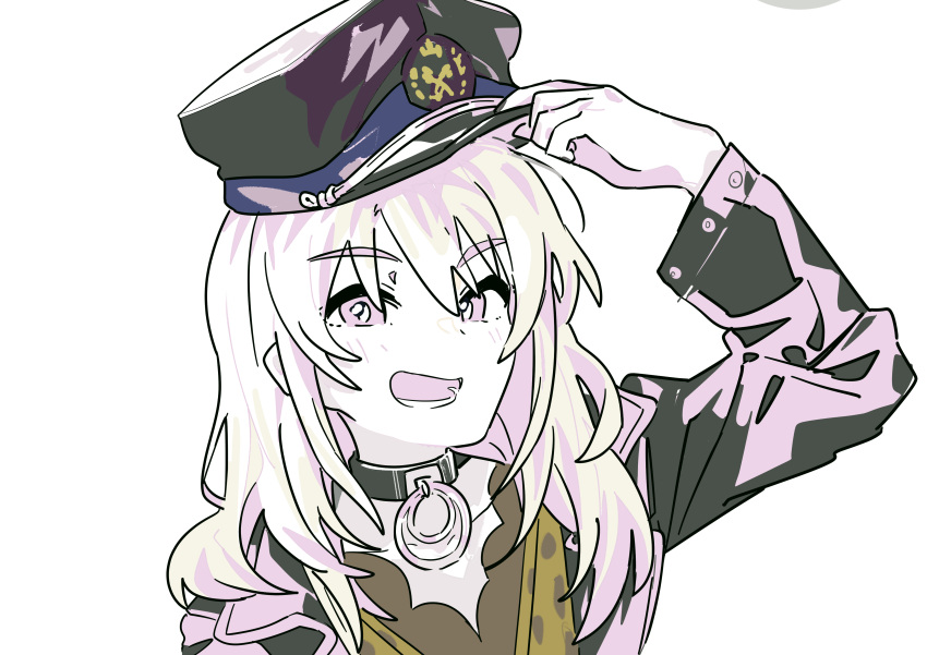 1girl absurdres adjusting_clothes adjusting_headwear black_choker black_hat black_jacket blonde_hair choker commentary girls_band_cry hat highres jacket kawaragi_momoka long_sleeves looking_at_viewer medium_hair military_hat open_mouth simple_background solo upper_body white_background ydpfa