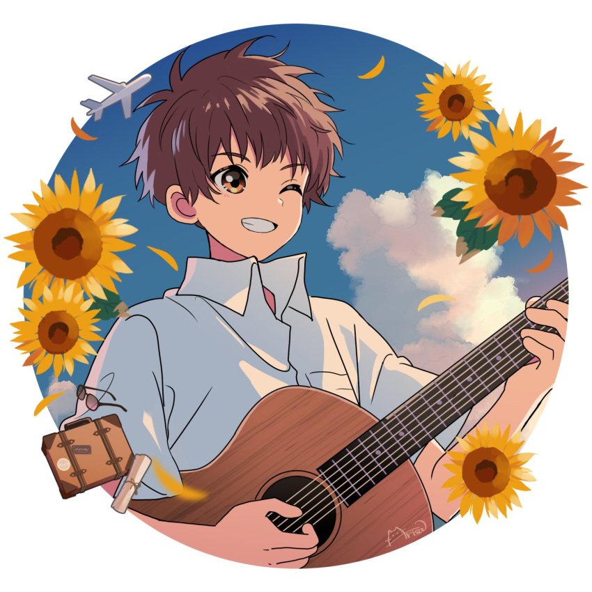 1boy ;d aircraft airplane arisa_(aren) border brown_hair clouds collared_shirt flower grin guitar highres holding holding_guitar holding_instrument instrument leaf looking_ahead male_focus one_eye_closed orange_eyes original round_image shirt short_hair short_sleeves signature smile solo suitcase sunflower sunglasses upper_body white_border white_shirt yellow_flower