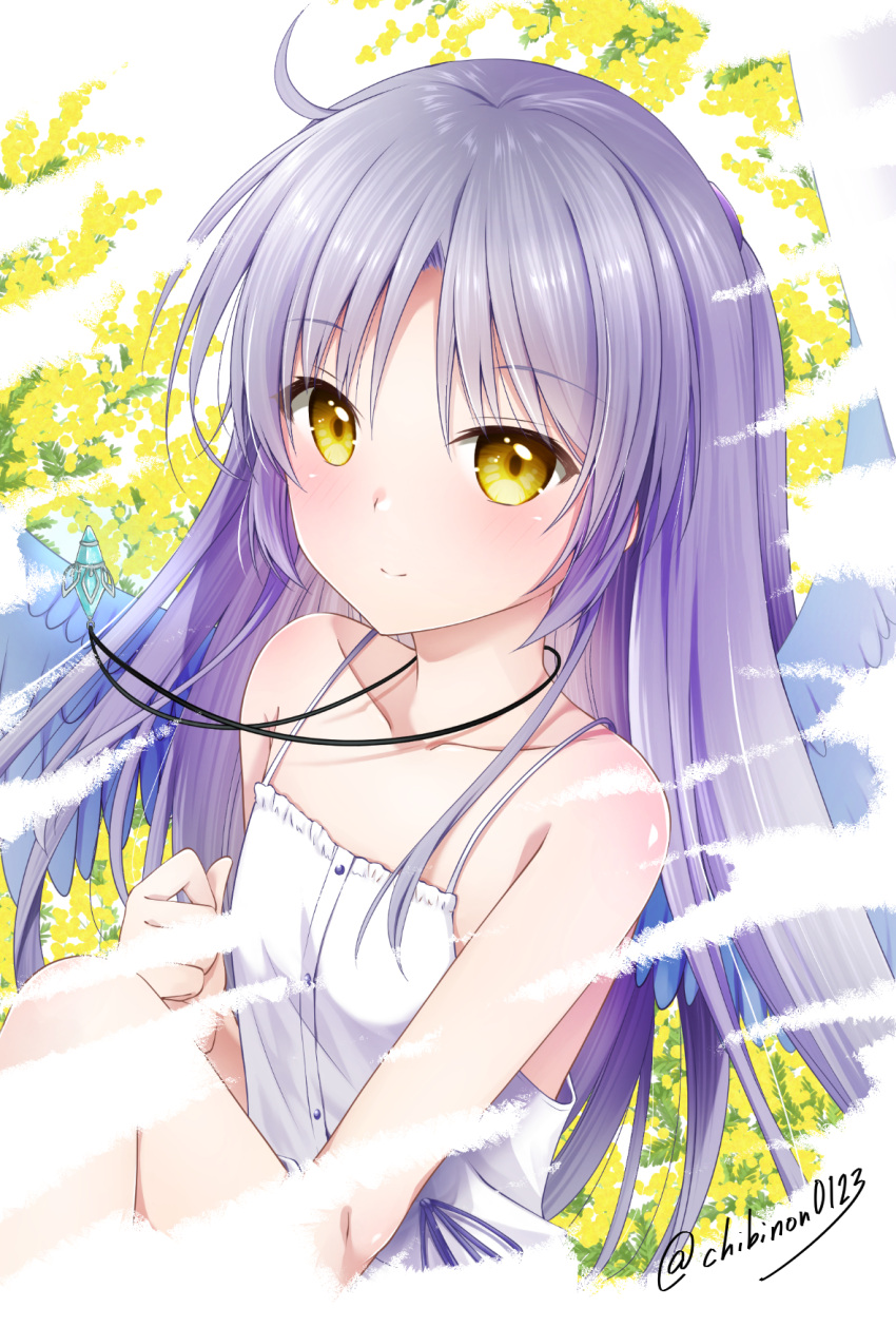 1girl alternate_costume angel angel_beats! angel_wings bare_shoulders blush breasts chibinon closed_mouth collarbone commentary_request dress feathered_wings floating_hair floral_background flower grey_hair heaven_burns_red highres jewelry knee_up long_hair looking_at_viewer necklace parted_bangs simple_background sitting sleeveless sleeveless_dress small_breasts smile solo spaghetti_strap split_mouth straight_hair sundress tachibana_kanade tsurime twitter_username upper_body very_long_hair white_background white_dress white_wings wings yellow_eyes yellow_flower