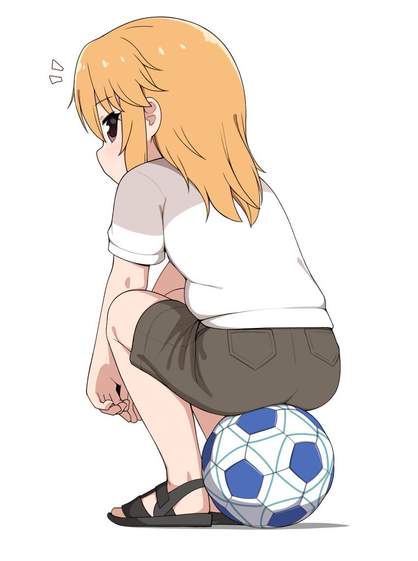 1girl absurdres ass ball eyelashes flat_chest hair_between_eyes highres idolmaster idolmaster_cinderella_girls idolmaster_cinderella_girls_u149 korean_commentary looking_at_viewer medium_hair notice_lines orange_hair pelican_(s030) sandals shorts sidelocks simple_background sitting sitting_on_object soccer_ball solo violet_eyes white_background yuuki_haru