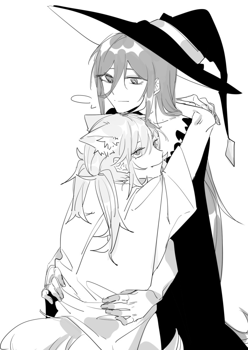 2girls animal_ears arms_around_neck cat_ears chinese_commentary closed_mouth commentary_request dress fang greyscale hands_on_another's_waist hat head_on_head head_rest highres hug kemonomimi_mode long_hair looking_at_viewer molu_stranger monochrome multiple_girls nijisanji shirayuki_tomoe short_sleeves smile sukoya_kana virtual_youtuber witch witch_hat yuri