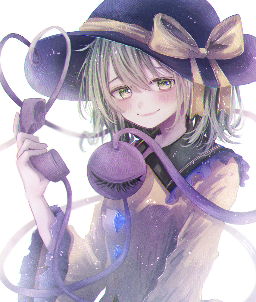 1girl annin_cha arm_at_side black_hat bloom blush bow bright_pupils buttons closed_mouth commentary diamond_button eyebrows_hidden_by_hair frilled_sleeves frills green_eyes green_hair hair_between_eyes hand_up hat hat_bow heart heart_of_string highres holding holding_phone index_finger_raised komeiji_koishi light_particles lips long_sleeves looking_at_viewer medium_hair phone raised_eyebrows simple_background smile solo third_eye touhou upper_body white_background wide_sleeves yellow_bow