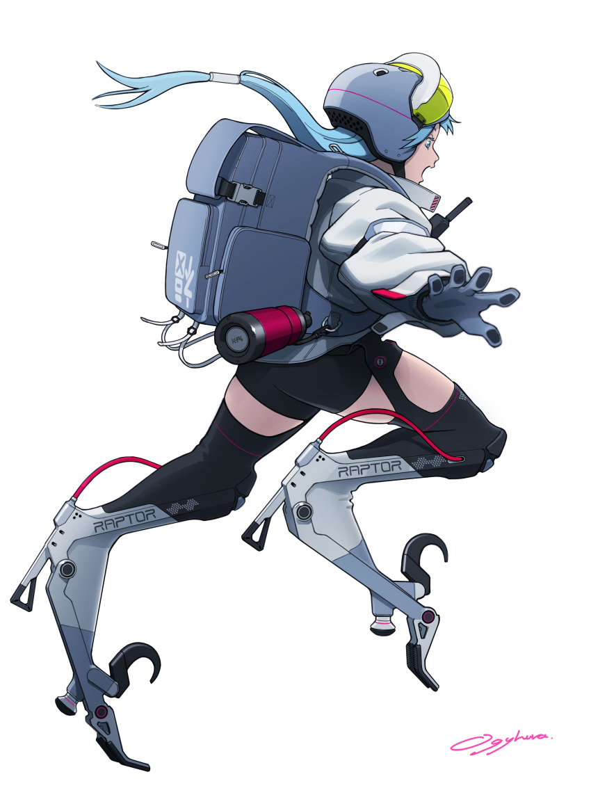 1girl absurdres animal_feet artist_name backpack bag black_shorts blue_eyes blue_hair bottle claws commentary_request digitigrade floating_hair full_body gloves grey_bag grey_gloves helmet highres long_hair looking_to_the_side low-tied_long_hair mechanical_legs ogyhara open_mouth original outstretched_arms running shorts signature simple_background solo spread_arms talons water_bottle white_background