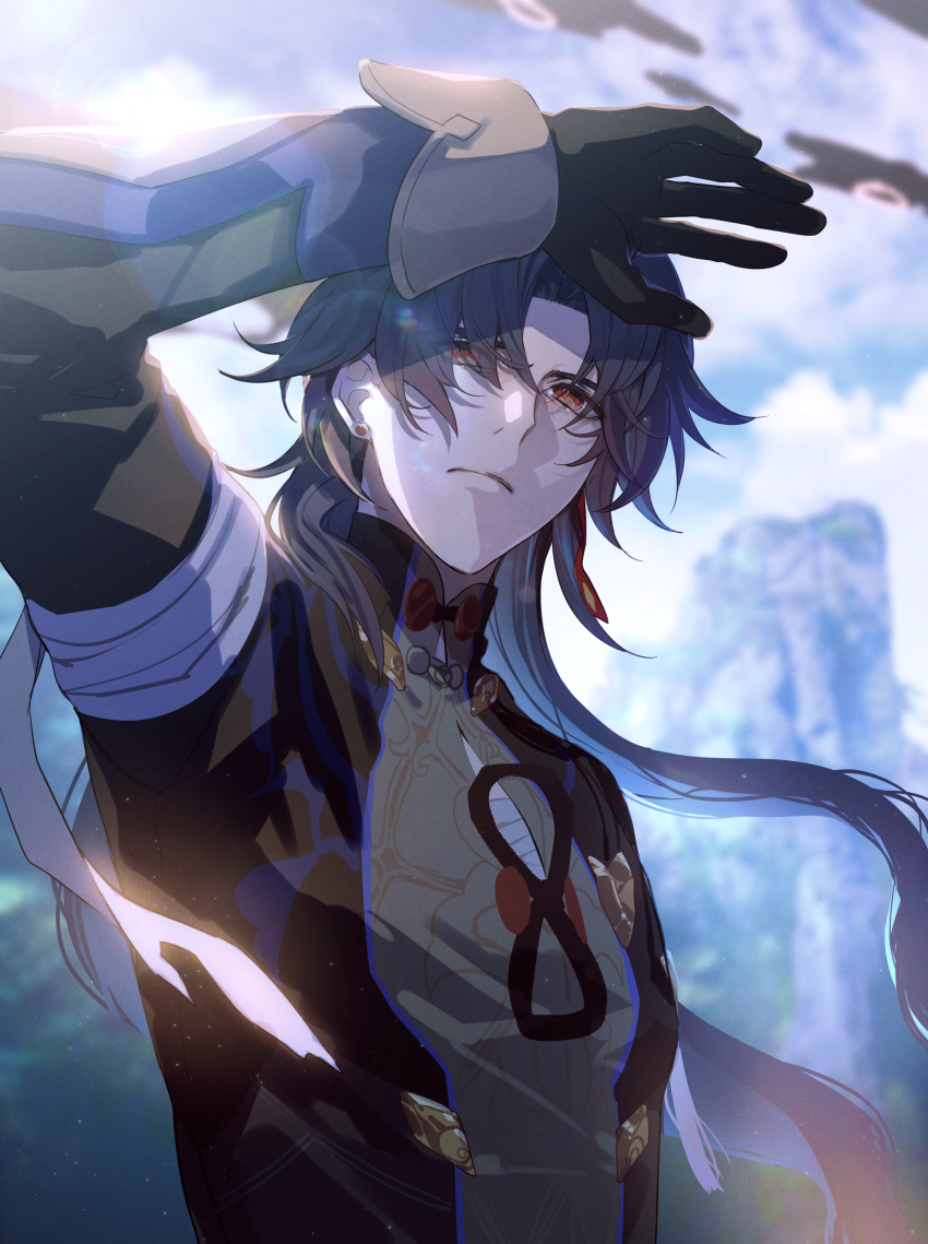 1boy absurdres arm_up bandaged_arm bandaged_chest bandages bandages_over_clothes blade_(honkai:_star_rail) blue_hair blue_sky chinese_clothes closed_mouth clothing_cutout clouds cloudy_sky earrings eyes_visible_through_hair floating_hair frown hair_over_one_eye highres honkai:_star_rail honkai_(series) jewelry long_hair looking_up male_focus mountain outdoors red_eyes shading_eyes sky solo sunlight upper_body zassyoku_dd