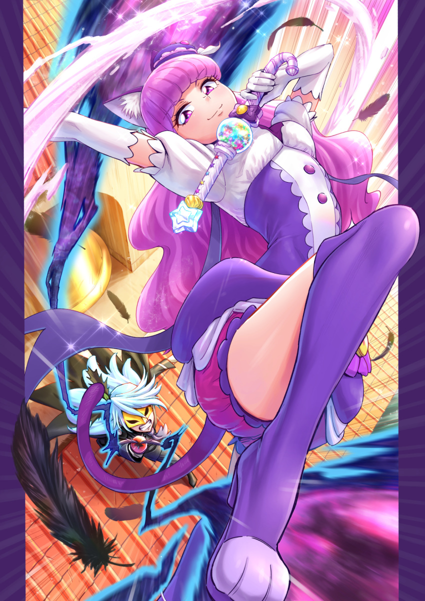 1boy 1girl animal_ears arm_up blue_hair blunt_bangs boots cat_ears cat_tail cure_macaron dress elbow_gloves feathers gloves grimace half-closed_eyes high_heel_boots high_heels highres holding holding_wand itou_shin'ichi julio_(precure) jumping kirakira_precure_a_la_mode knee_up long_hair looking_at_another looking_at_viewer magical_girl mask motion_blur pillarboxed precure purple_dress purple_footwear purple_hair purple_shorts rooftop short_dress short_sleeves shorts shorts_under_dress standing tail two-tone_dress violet_eyes wand white_dress white_gloves