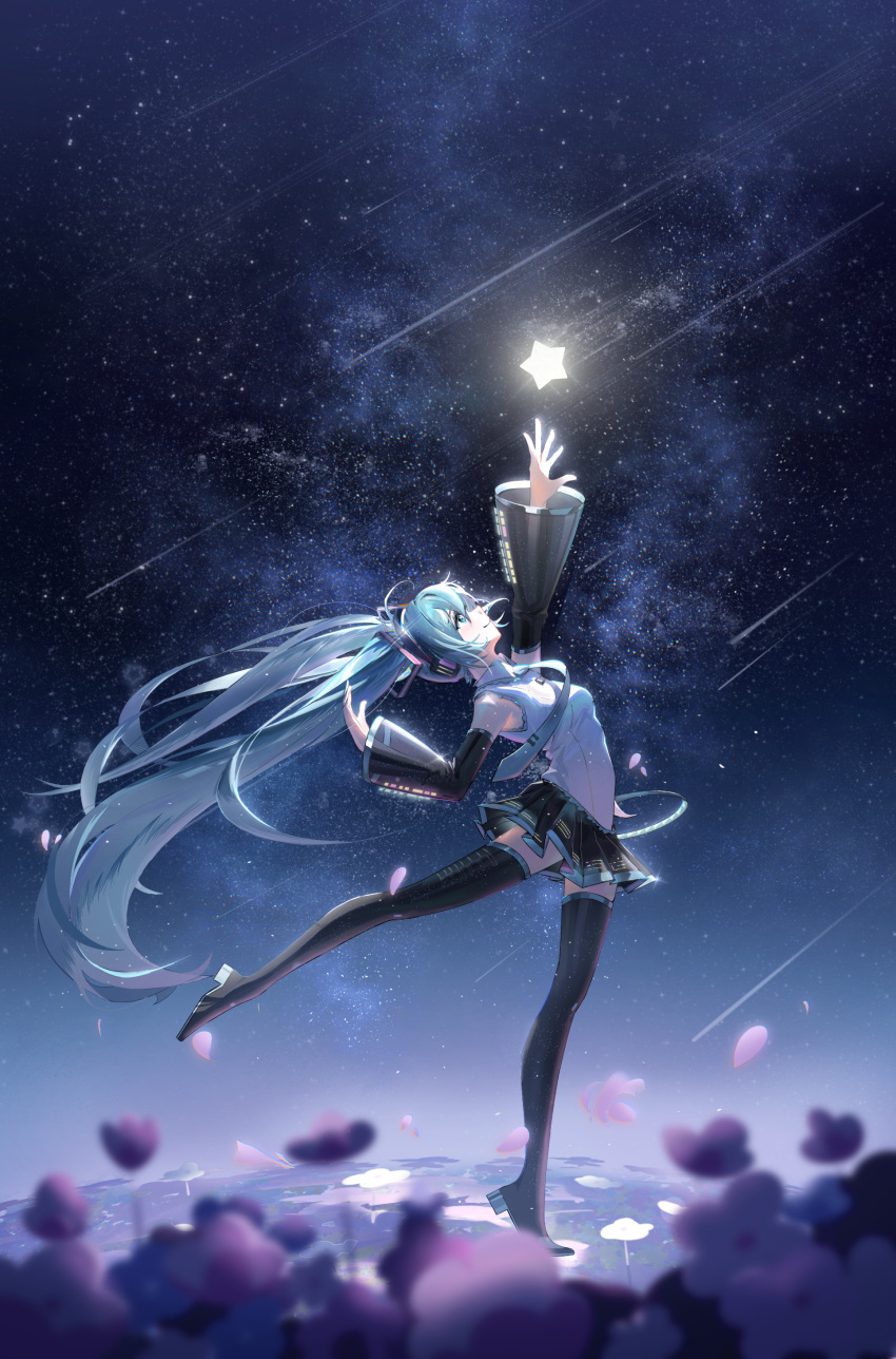 1girl absurdres arm_up black_skirt black_sleeves black_thighhighs blue_eyes blue_hair blue_necktie blurry blurry_foreground detached_sleeves floating_hair from_side full_body hatsune_miku highres long_hair long_sleeves looking_up miniskirt necktie night outdoors pleated_skirt profile shirt shoene skirt sky sleeveless sleeveless_shirt solo standing standing_on_one_leg star_(sky) starry_sky thigh-highs twintails very_long_hair vocaloid white_shirt zettai_ryouiki