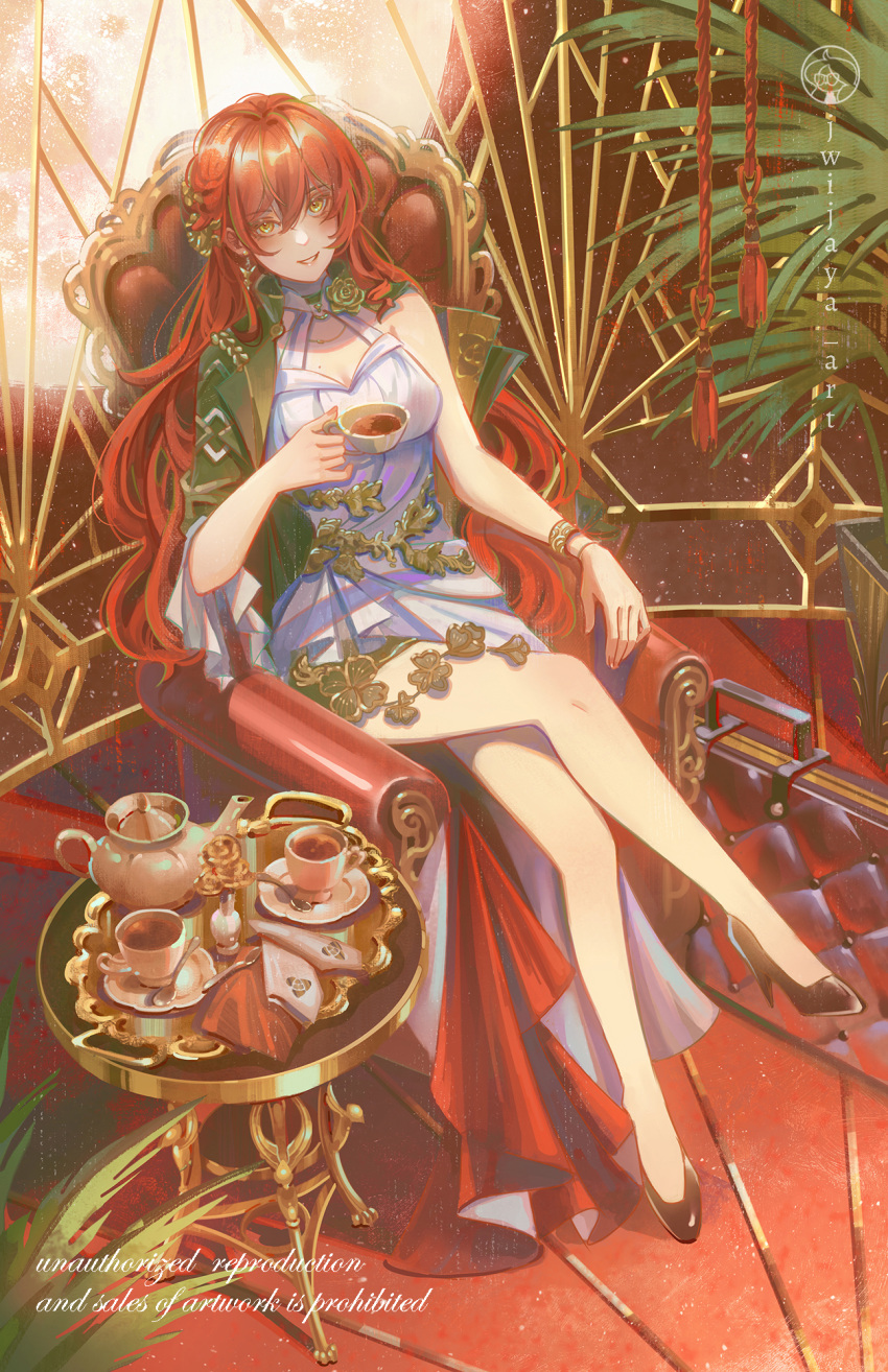 1girl bare_legs black_footwear black_jacket chair crossed_legs cup dress english_text flower high_heels highres himeko_(honkai:_star_rail) holding holding_cup honkai:_star_rail honkai_(series) jacket jessica_wijaya long_hair looking_at_viewer o-ring_dress red_lips red_nails redhead single_bare_shoulder sitting smile solo table very_long_hair white_dress yellow_eyes