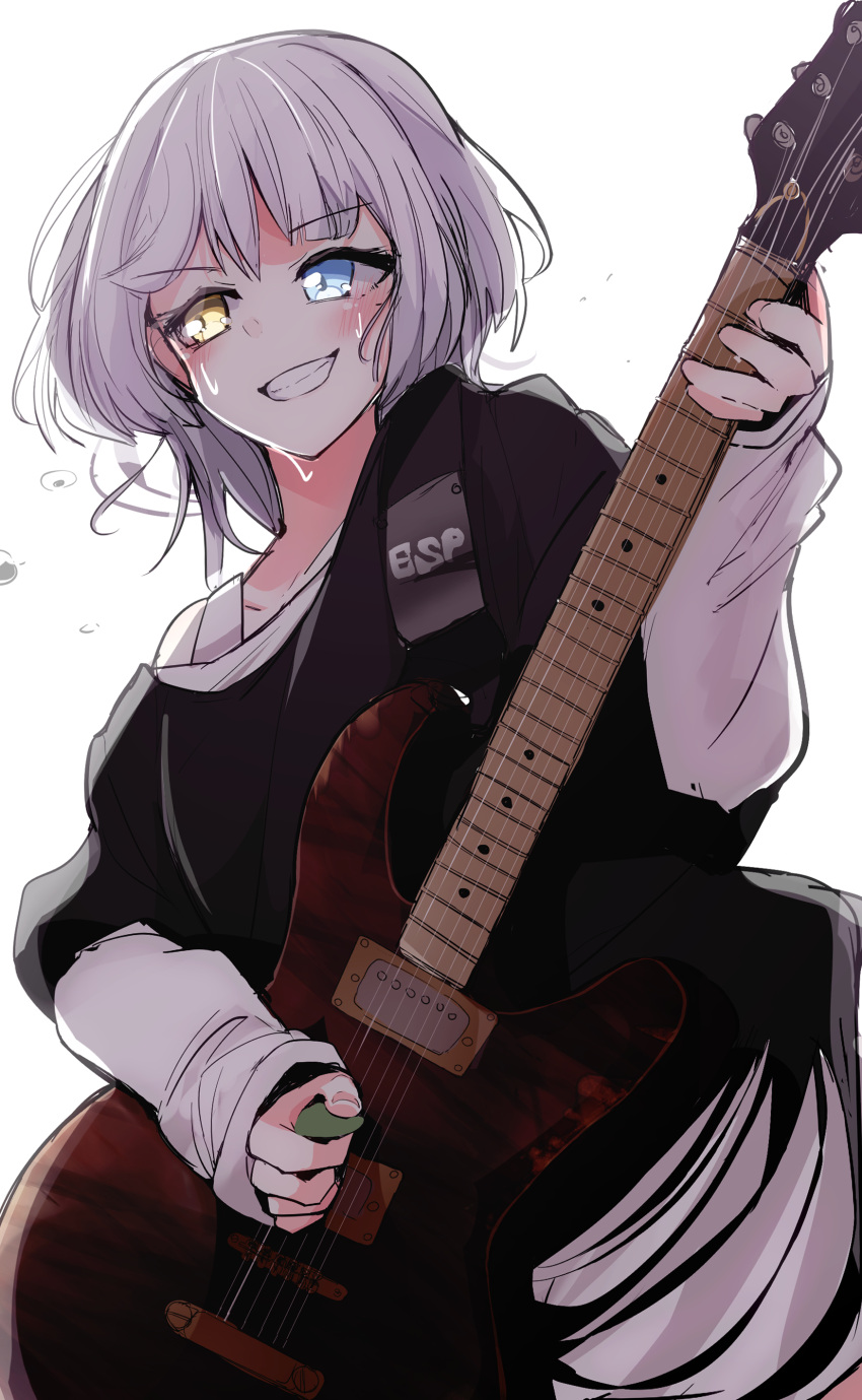 1girl absurdres bang_dream! bang_dream!_it's_mygo!!!!! black_shirt blue_eyes commentary_request electric_guitar grin guitar heterochromia highres holding holding_plectrum instrument kaname_raana layered_sleeves long_sleeves medium_hair pachio_(patioglass) playing_guitar plectrum shirt short_over_long_sleeves short_sleeves simple_background smile solo sweat upper_body white_background white_hair white_shirt yellow_eyes