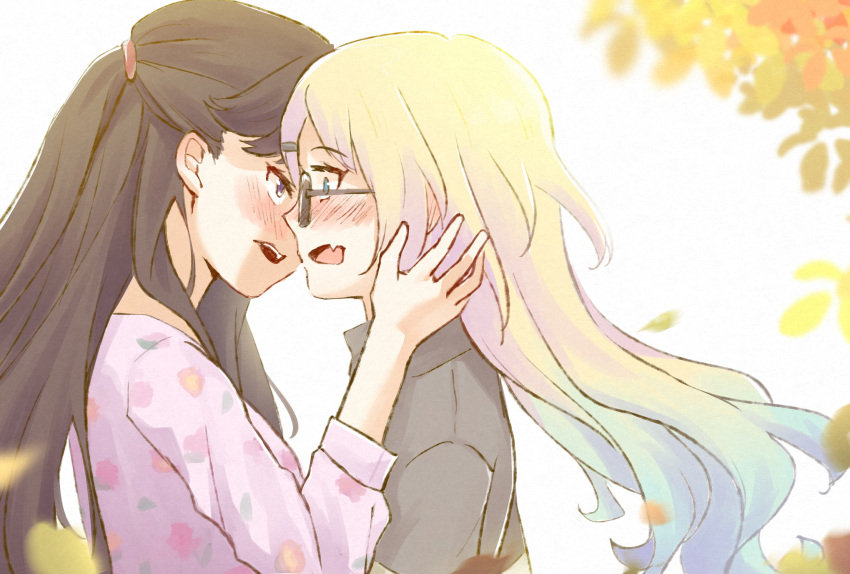 2girls black_hair black_shirt blonde_hair blue_eyes blue_hair blurry blush colored_tips commentary couple depth_of_field eye_contact falling_petals fang floating_hair fujishima_megumi glasses gradient_hair hand_on_another's_cheek hand_on_another's_face highres imminent_kiss link!_like!_love_live! long_hair looking_at_another love_live! mira-cra_park! multicolored_hair multiple_girls open_mouth osawa_rurino petals pink_shirt risai shirt skin_fang teeth upper_body upper_teeth_only variant_set violet_eyes yuri