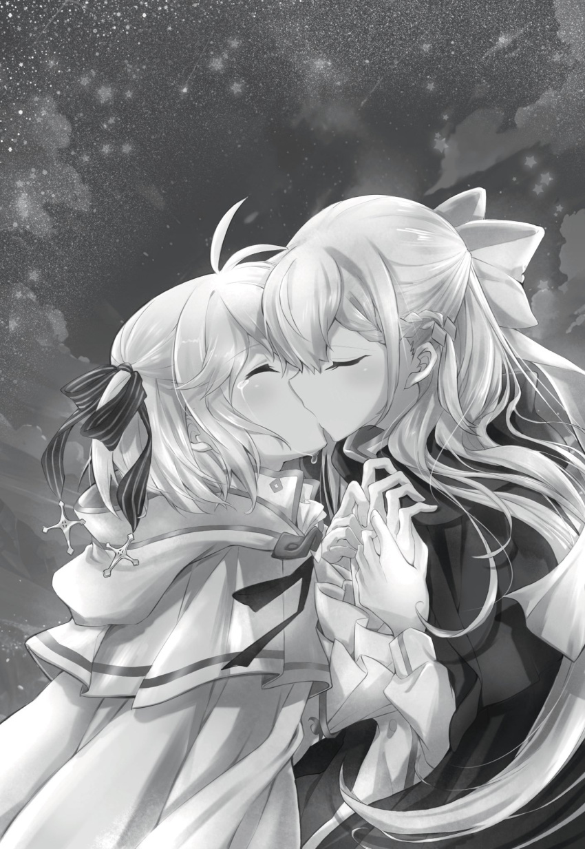2girls anisphia_wynn_palettia cape capelet chinese_commentary closed_eyes commentary_request crying dress euphyllia_magenta from_side greyscale hair_ribbon highres holding_hands hood hooded_capelet kiss long_hair medium_hair monochrome multiple_girls night outdoors qqwan120 ribbon sky star_(sky) starry_sky tears tensei_oujo_to_tensai_reijou_no_mahou_kakumei upper_body yuri