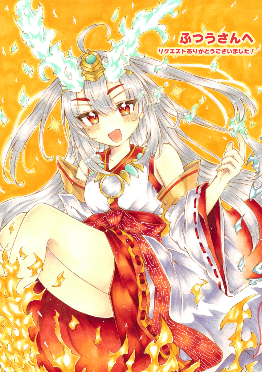 1girl absurdres ahoge commission commissioner_name detached_sleeves duel_monster fiery_horns fire grey_hair highres horns ichinose_haruka kurikara_divincarnate looking_at_viewer marker_(medium) nontraditional_miko red_eyes skeb_commission smile solo traditional_media white_hair yu-gi-oh!