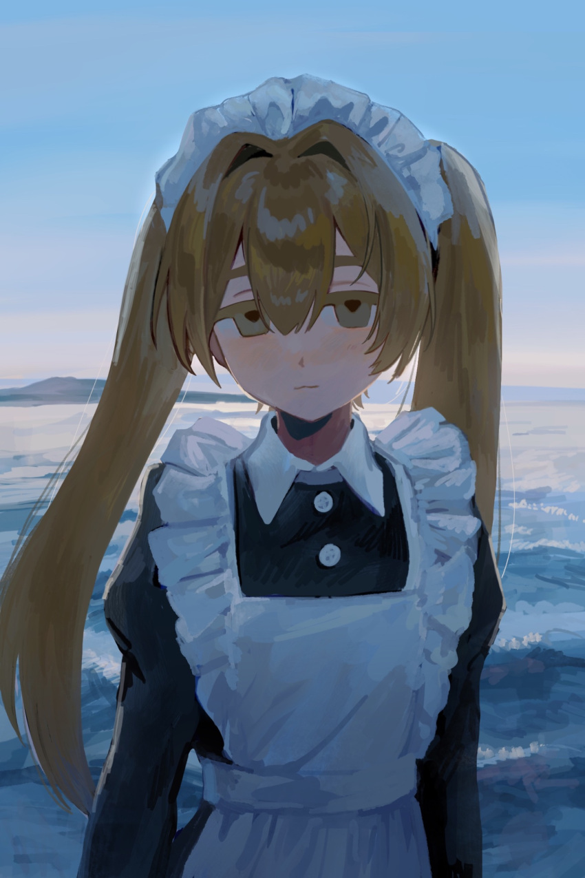 1girl :3 apron black_dress blonde_hair blue_sky blush buttons closed_mouth cowboy_shot double-parted_bangs dress empty_eyes frilled_apron frilled_hairband frills hair_between_eyes hairband half-closed_eyes highres inu_dakisime juliet_sleeves long_hair long_sleeves looking_at_viewer maid maid_apron maid_headdress ocean original outdoors puffy_sleeves raised_eyebrows sky smile solo straight-on twintails white_apron white_hairband wing_collar yellow_eyes