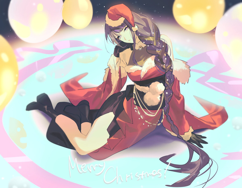 1girl air_bubble alternate_costume bare_shoulders black_dress black_gloves blunt_bangs braid bubble christmas closed_mouth coat dress fur-trimmed_coat fur_trim genshin_impact gloves hat highres leaning_to_the_side long_hair long_sleeves looking_at_viewer lying merry_christmas mikuroron mole mole_under_eye off_shoulder on_side open_clothes open_coat purple_hair raiden_shogun santa_costume santa_hat single_braid solo star_(sky) violet_eyes