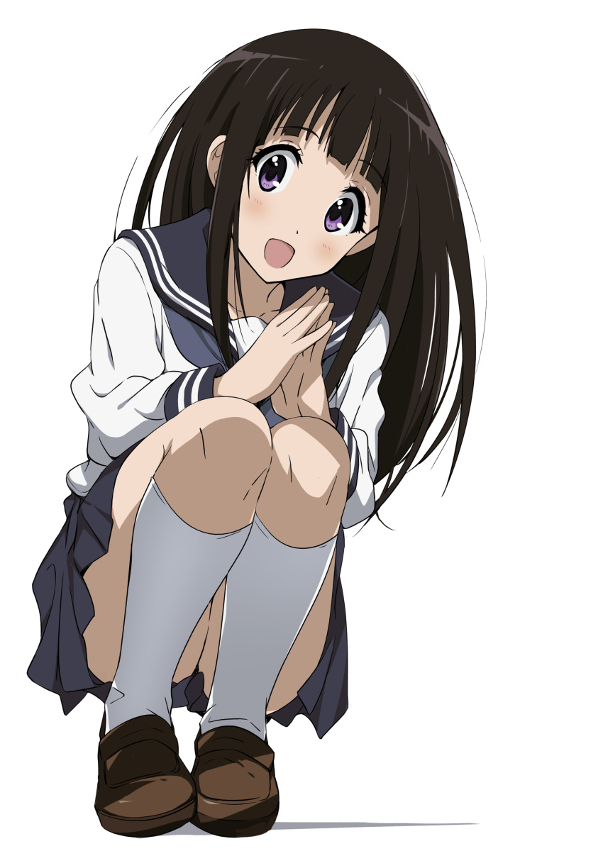 1girl absurdres black_hair blush brown_footwear chitanda_eru commentary_request dot_nose full_body grey_sailor_collar grey_skirt highres hyouka kneehighs loafers long_hair long_sleeves looking_at_viewer miniskirt open_mouth own_hands_together pleated_skirt sailor_collar school_uniform serafuku shirt shoes sidelocks simple_background skirt socks solo squatting steepled_fingers tokiani violet_eyes white_background white_shirt white_socks