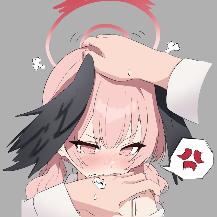 1boy 1girl anger_vein angry biting biting_another's_hand blue_archive blush collarbone commentary embarrassed english_commentary feathered_wings genso_(thereisnosauce) hair_between_eyes halo head_wings headpat highres koharu_(blue_archive) long_hair long_sleeves looking_at_viewer out_of_frame pink_eyes pink_hair pov pov_hands school_uniform sensei_(blue_archive) serafuku sidelocks simple_background spaghetti_strap spoken_anger_vein twintails v-shaped_eyebrows wings