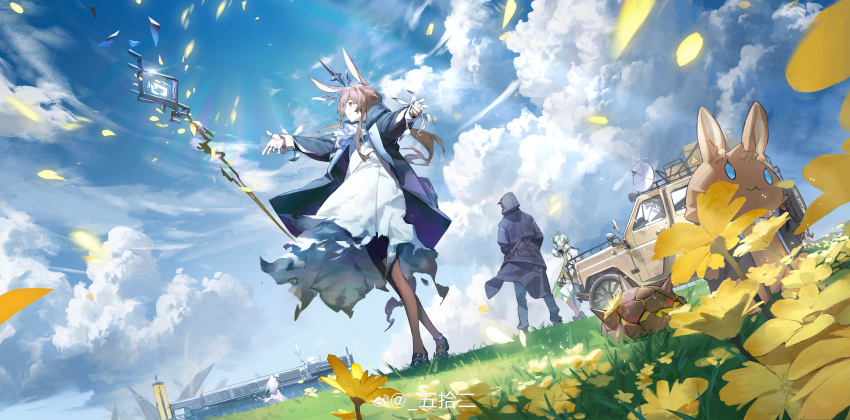 1other 2girls absurdres ambiguous_gender amiya_(arknights) animal_ear_fluff animal_ears arknights ascot black_coat black_jacket blue_eyes brown_hair cat_girl clouds coat commentary_request doctor_(arknights) dress dutch_angle falling_petals flower frilled_ascot frills grass green_dress green_eyes high_heels highres hood hood_up hooded_coat hooded_jacket jacket jeep jewelry kal'tsit_(arknights) long_hair motor_vehicle multiple_girls multiple_rings neck_ring off-shoulder_dress off-shoulder_jacket off_shoulder open_clothes open_jacket outstretched_arms pantyhose petals rabbit rabbit_ears rabbit_girl ring scenery sky standing thumb_ring wand white_dress wushier