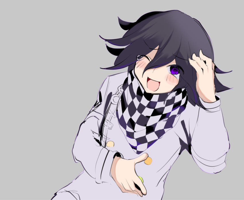 1boy 345_myk ;d black_hair blush buttons checkered_clothes checkered_scarf danganronpa_(series) danganronpa_v3:_killing_harmony double-breasted grey_background grey_jacket highres jacket long_sleeves multicolored_hair oma_kokichi one_eye_closed purple_hair scarf simple_background smile solo two-tone_hair violet_eyes