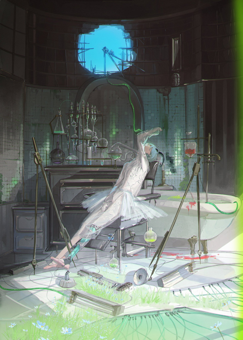 1boy amputee artist_name black_horns blood blood_on_ground blue_hair closet flower gloves hair_between_eyes highres horns illumi999 indoors looking_up male_focus on_chair original pink_footwear sitting snake solo tube white_gloves