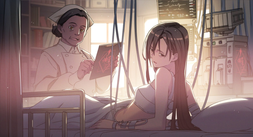 2girls bandaged_arm bandaged_chest bandages bare_shoulders bed breasts brown_eyes brown_hair clipboard decoponmagi final_fantasy final_fantasy_vii final_fantasy_vii_remake hair_between_eyes half-closed_eyes hat highres holding holding_clipboard hospital_bed indoors intravenous_drip long_hair medium_breasts multiple_girls nurse nurse_cap parted_lips pillow under_covers window