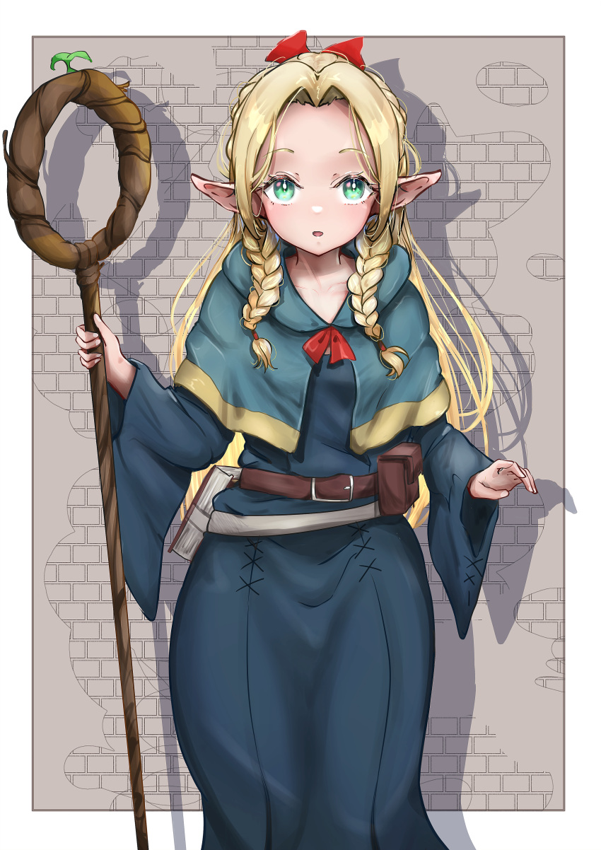 113hue 1girl :o absurdres aqua_capelet aqua_dress belt belt_buckle blonde_hair blush braid brick_wall buckle collarbone commentary dress dungeon_meshi elf forehead green_eyes highres holding holding_staff looking_at_viewer marcille_donato pointy_ears solo staff utility_belt