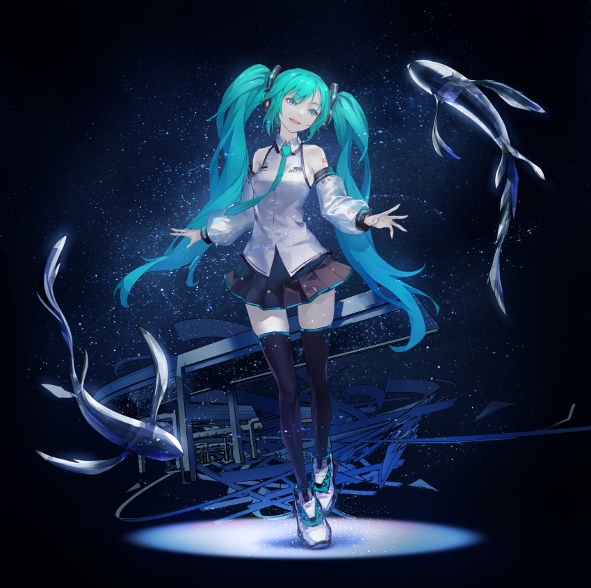 1girl absurdres aqua_eyes aqua_hair bare_shoulders detached_sleeves fish hatsune_miku headphones highres livetune long_hair necktie number_tattoo open_mouth pleated_skirt redjuice skirt smile solo tattoo thigh-highs twintails very_long_hair vocaloid