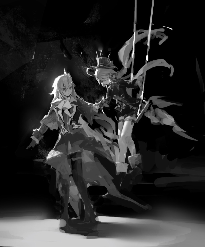1boy 1girl ascot closed_mouth full_body furina_(genshin_impact) gloves hair_between_eyes hand_grab hat highres jacket long_hair monochrome neuvillette_(genshin_impact) serious shorts sidelocks simple_background sketch standing top_hat unfinished xuemen