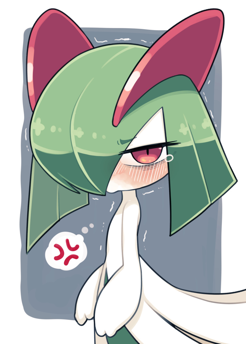 angry bags_under_eyes blush colored_skin commentary green_hair grey_background hair_over_one_eye highres horns ino_(tellu0120) kirlia looking_at_viewer multicolored_skin pink_eyes pokemon pokemon_(creature) pout simple_background teardrop trembling two-tone_skin white_skin
