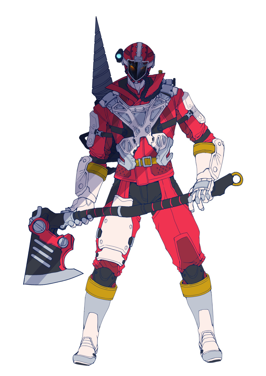 1boy absurdres armor armored_boots axe black_pants boots breathing_tube catball1994 drill fire_axe firefighter flashlight gloves go_red harness highres holding holding_weapon jacket kyuukyuu_sentai_gogofive leg_armor male_focus pants power_rangers power_rangers_lightspeed_rescue red_armor red_jacket red_lightspeed_ranger redesign solo super_sentai tokusatsu weapon white_background white_footwear white_gloves
