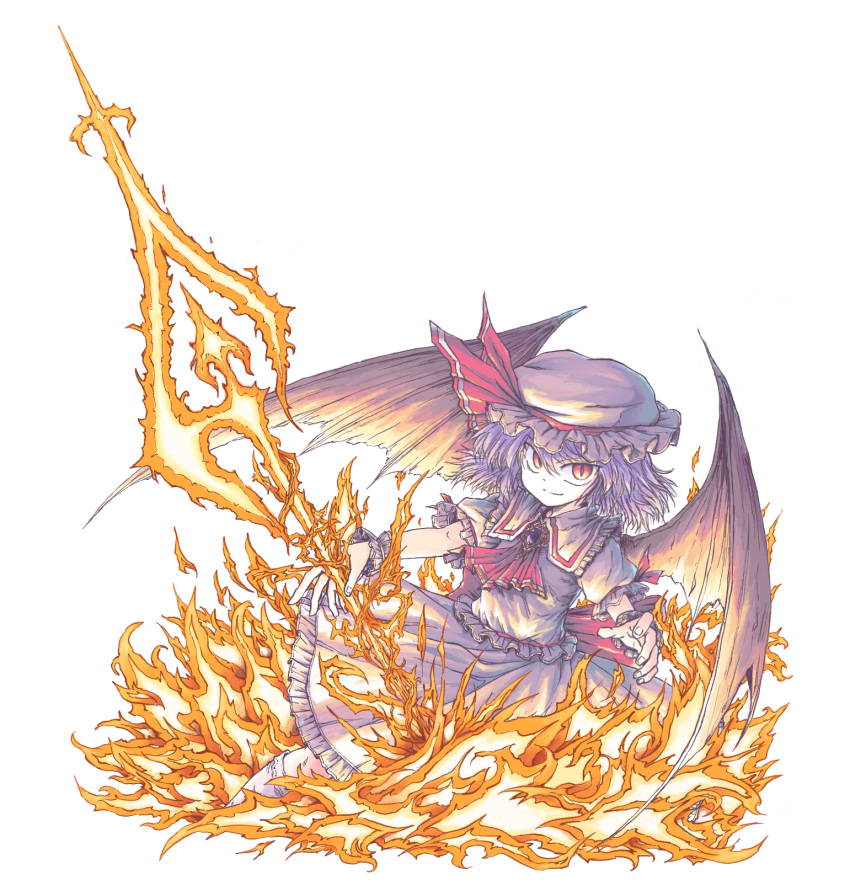 1girl aokukou ascot bat_wings brooch collared_shirt commentary_request feet_out_of_frame fire frilled_hat frilled_shirt frilled_shirt_collar frilled_skirt frilled_sleeves frilled_wrist_cuffs frills hair_between_eyes hat hat_ribbon highres holding holding_weapon jewelry puffy_short_sleeves puffy_sleeves purple_hair red_ascot red_eyes red_ribbon remilia_scarlet ribbon shirt short_sleeves simple_background skirt slit_pupils smile socks solo spear_the_gungnir touhou tsurime weapon white_background white_hat white_shirt white_skirt white_socks wings wrist_cuffs