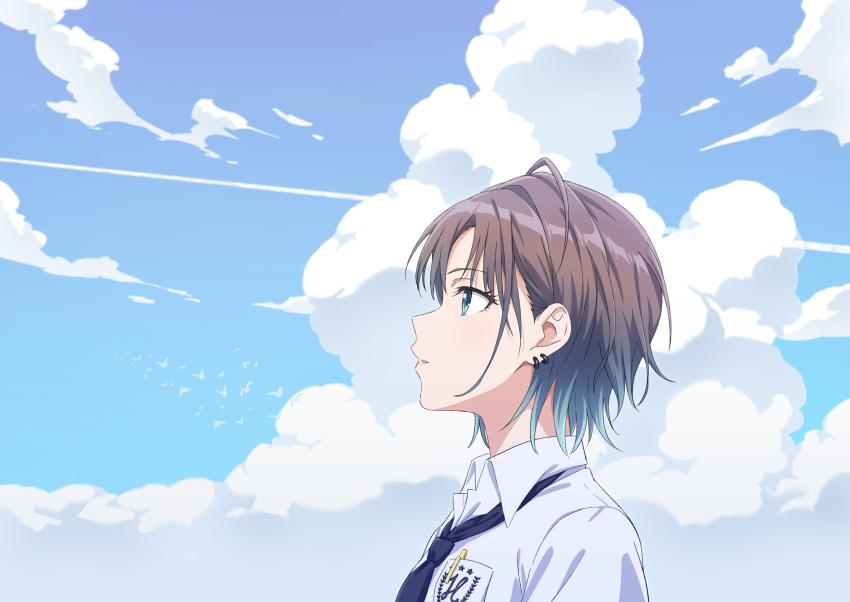 1girl asakura_toru black_necktie blue_eyes blue_hair breast_pocket brown_hair clouds cloudy_sky collared_shirt contrail earrings from_side gradient_hair highres idolmaster idolmaster_shiny_colors jewelry looking_ahead multicolored_hair necktie parted_lips pen_in_pocket pocket sanada_(tony2035176) shirt sky solo white_shirt