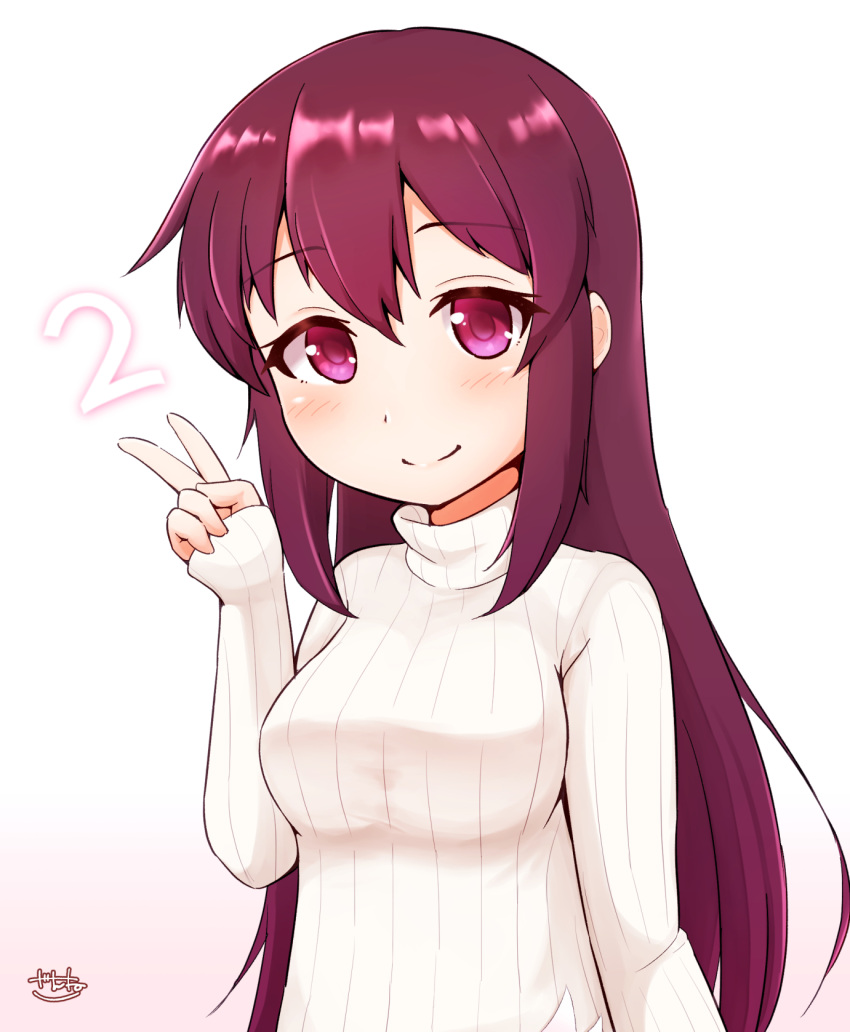 1girl breasts commentary_request highres kantai_collection kisaragi_(kancolle) long_hair medium_breasts purple_hair ribbed_sweater simple_background sleeves_past_wrists smile solo sweater upper_body v violet_eyes white_background white_sweater zanne