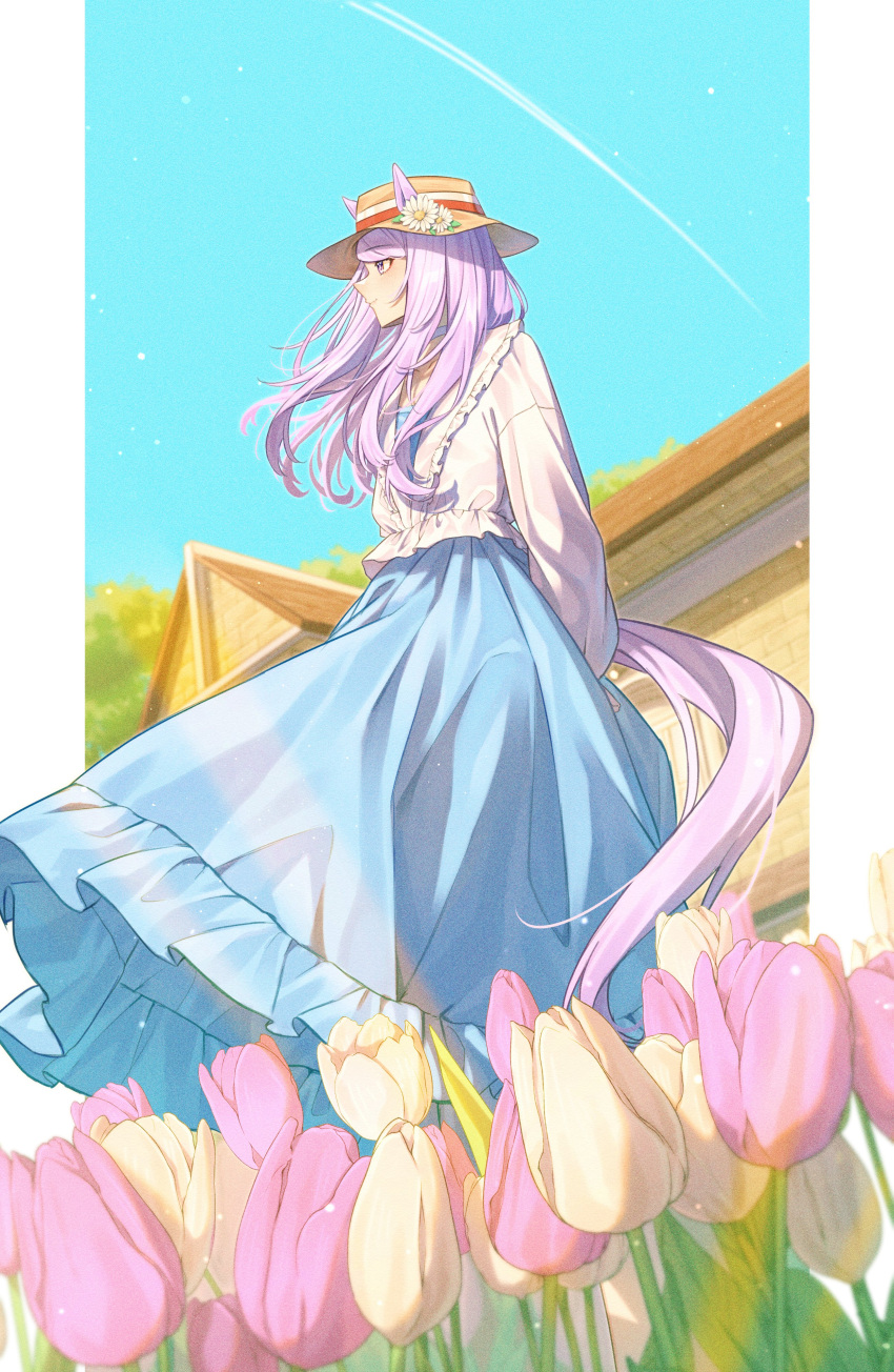 1girl absurdres animal_ears arms_behind_back blue_dress border choker contrail dress ear_flower ears_through_headwear floating_clothes floating_hair flower frilled_dress frills hat highres horse_ears horse_girl horse_tail house implied_yuri isana615 jacket long_hair long_sleeves looking_at_another mejiro_mcqueen_(umamusume) outside_border pillarboxed pink_flower pink_tulip purple_hair smile solo sun_hat swept_bangs tail tulip umamusume violet_eyes white_border white_choker white_jacket yellow_flower yellow_tulip