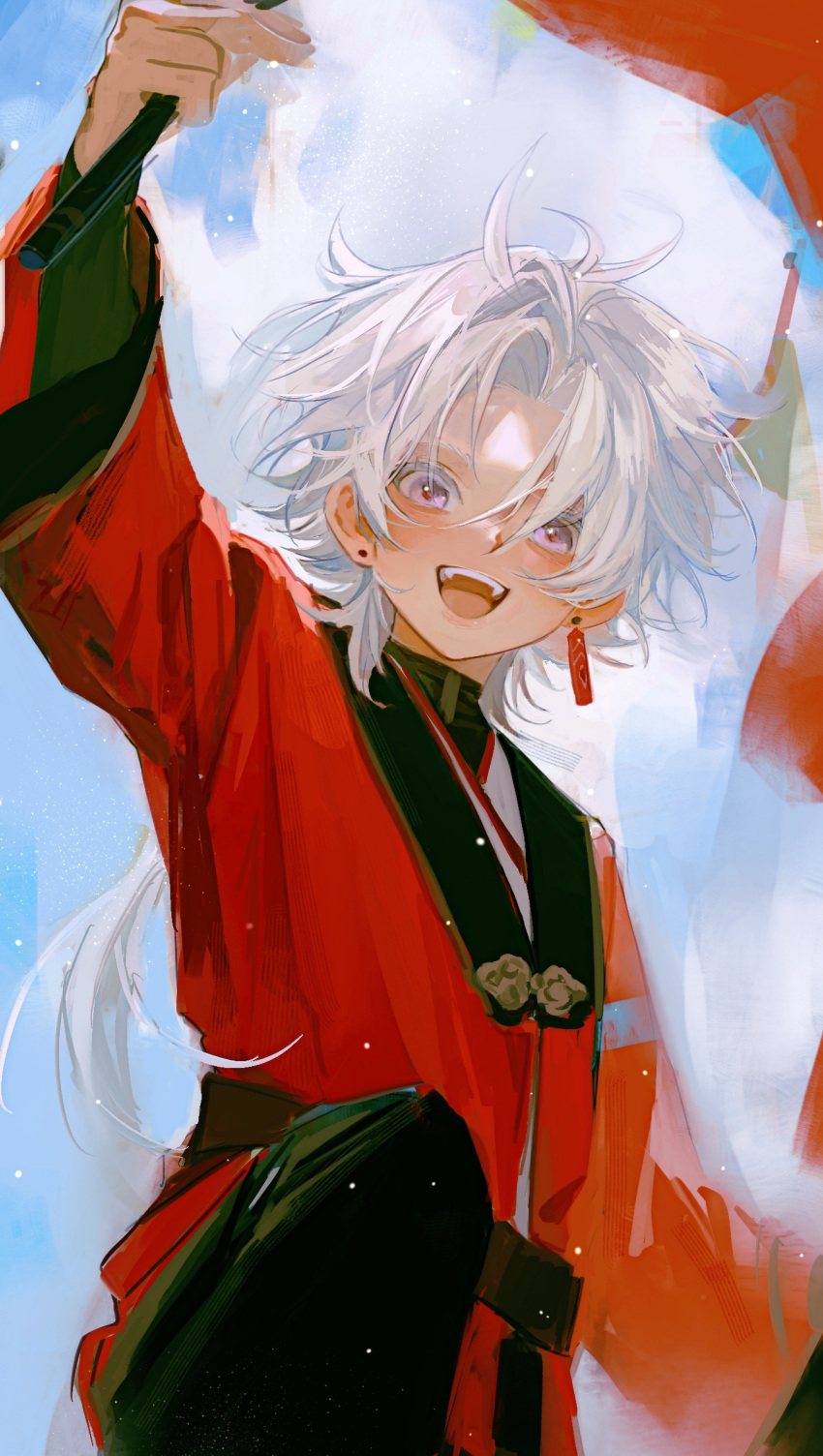 1boy :d arm_up chinese_clothes day duijin_ruqun duotai_kangshengsu earrings hanfu highres holding honkai:_star_rail honkai_(series) jewelry long_hair long_sleeves looking_at_viewer low_ponytail male_focus open_mouth outdoors parted_bangs smile solo tassel teeth upper_teeth_only violet_eyes white_hair wide_sleeves yingxing_(honkai:_star_rail)