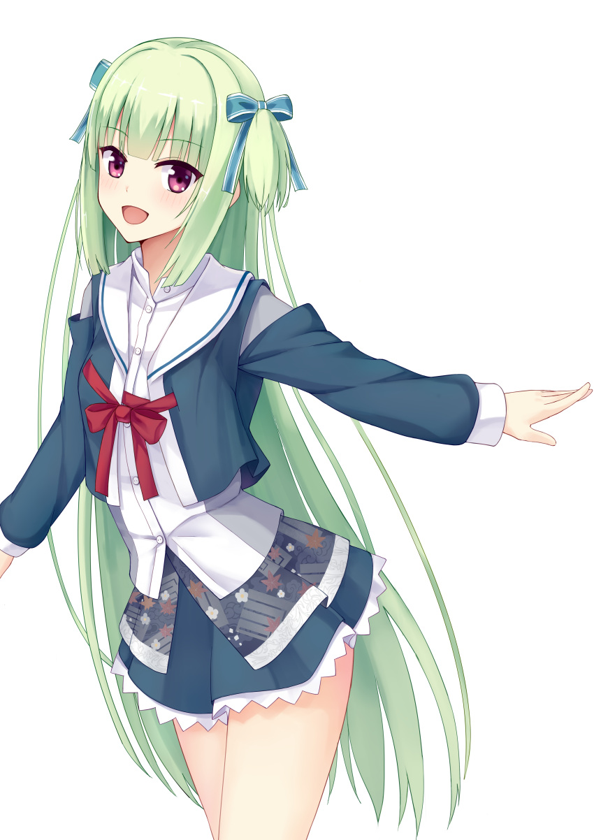 1girl :d absurdres blue_ribbon blunt_bangs blunt_ends blush bow chinese_commentary commentary_request cowboy_shot cropped_jacket frilled_skirt frills green_hair green_jacket green_skirt hair_ribbon happy highres hime_cut jacket long_hair looking_at_viewer miniskirt murasame_(senren) official_alternate_costume open_clothes open_jacket open_mouth outstretched_arm red_bow red_eyes ribbon sailor_collar school_uniform senren_banka serafuku shu_pian sidelocks simple_background skirt smile solo straight_hair tsurime two_side_up very_long_hair white_background white_sailor_collar
