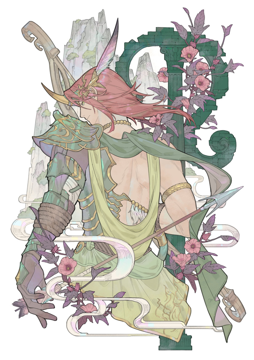 1boy absurdres armlet armor arrow_(projectile) bead_necklace beads bow_(weapon) bracer brown_gloves circlet column cowboy_shot cropped_legs egasumi fake_horns feather_hair_ornament feathers final_fantasy final_fantasy_xiv flower gloves green_eyes green_sash green_skirt hair_ornament highres holding holding_arrow horns jewelry leaf lege_bushi_shiwu looking_at_viewer looking_back male_focus medium_hair mountain necklace oschon pauldrons pillar pink_flower redhead sash shoulder_armor shoulder_blades simple_background single_pauldron skirt solo weapon white_background