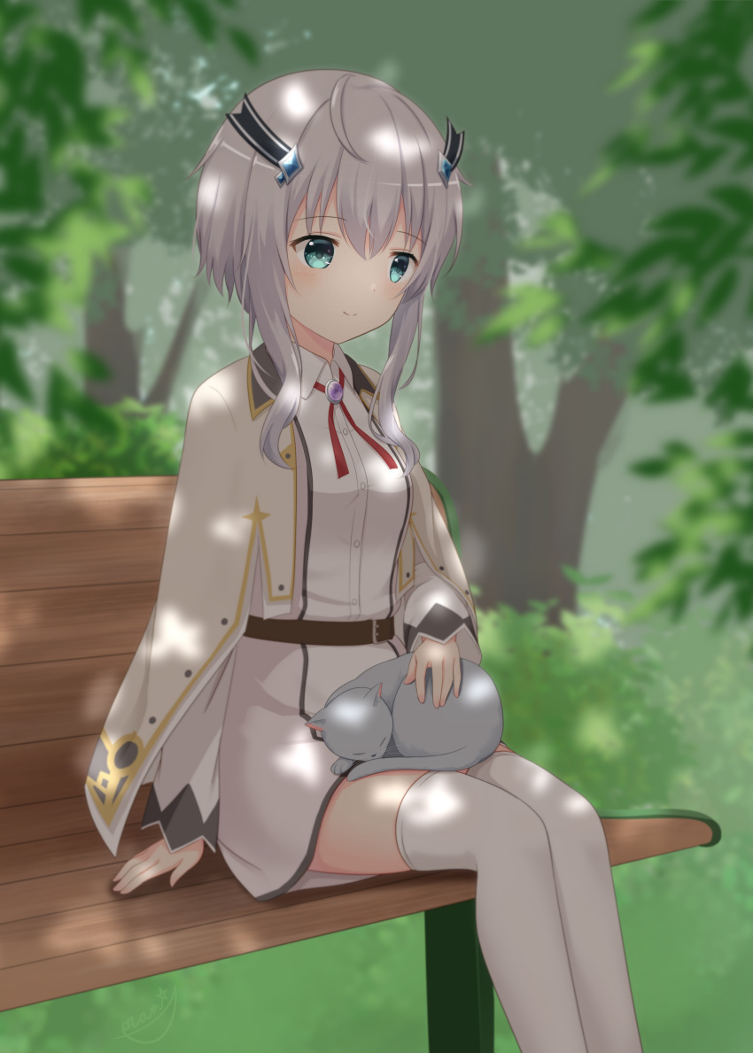 1girl absurdres animal_on_lap bench blue_eyes blurry blurry_background blurry_foreground bolo_tie breasts cat cat_on_lap collared_dress collared_robe dappled_sunlight depth_of_field diamond_hair_ornament dress grey_cat grey_hair hand_on_bench hand_rest highres looking_at_animal maou_gakuin_no_futekigousha medium_breasts misha_necron on_bench on_lap red_ribbon ribbon short_dress short_hair_with_long_locks sidelocks sitting smile solo split_mouth sunlight thigh-highs tree white_dress white_thighhighs wooden_bench yutuki_ame