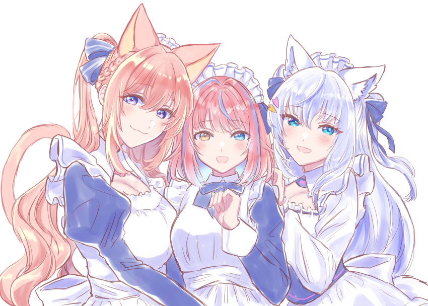 3girls absurdres animal_ears apron blue_dress blue_eyes blue_ribbon blush braid cat_ears cat_girl cat_tail closed_mouth commentary_request dress enomiya_milk fang french_braid hair_ornament hair_ribbon hand_on_another's_shoulder heart heart_hair_ornament heterochromia highres juliet_sleeves kurumizawa_momo_(noripro) long_hair long_sleeves looking_at_viewer maid maid_apron maid_headdress multiple_girls neck_ribbon noripro open_mouth orange_hair puffy_sleeves purple_hair ribbon shirayuki_mishiro simple_background skin_fang smile tail upper_body violet_eyes virtual_youtuber white_apron white_background yellow_eyes yuri_kyanon