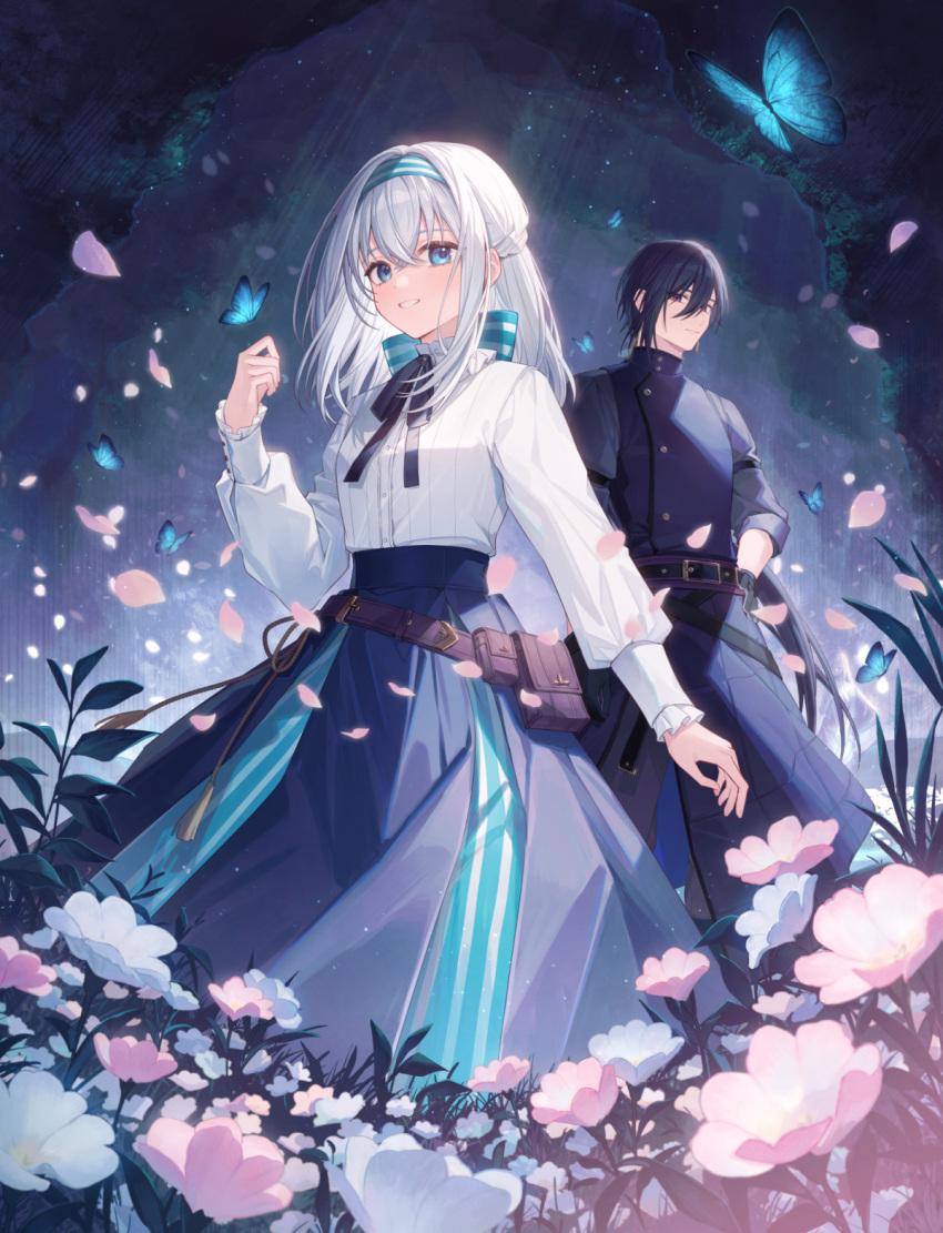 1boy 1girl animal belt belt_buckle black_belt black_hair black_ribbon blue_eyes blue_jacket blue_skirt breasts buckle bug butterfly commentary_request copyright_request coyucom flower frilled_sleeves frills grey_hair hair_between_eyes hairband hand_up highres jacket long_hair long_sleeves looking_at_viewer neck_ribbon official_art pink_flower puffy_long_sleeves puffy_sleeves ribbon shirt skirt sleeves_past_wrists small_breasts smile standing striped_clothes striped_hairband very_long_hair violet_eyes white_flower white_shirt