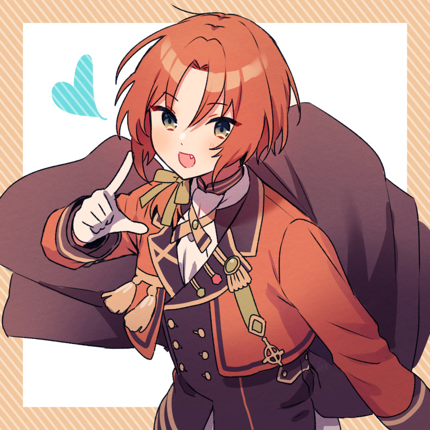 1boy amagi_hana cropped_jacket cross_tie curtained_hair ensemble_stars! fang gloves green_eyes hair_ribbon heart highres index_finger_raised long_hair long_sleeves looking_at_viewer low_ponytail male_focus open_mouth orange_hair parted_bangs ribbon smile solo tassel tsukinaga_leo