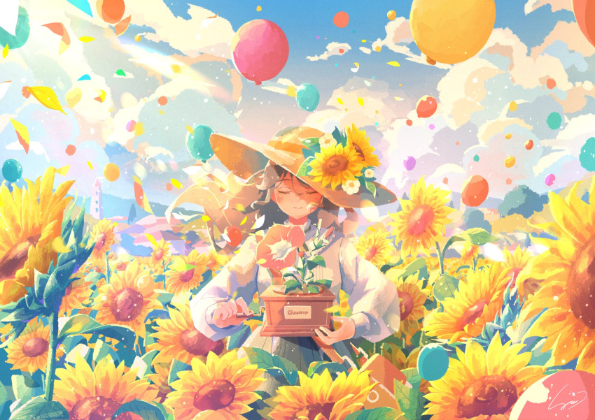 1girl atelier_umiyury balloon blue_sky brown_hair closed_eyes clouds cloudy_sky commentary day dress facing_viewer field flower flower_field green_dress hat hat_flower highres holding light_smile long_hair long_sleeves original outdoors petals phonograph plant signature sky solo sunflower wind yellow_flower