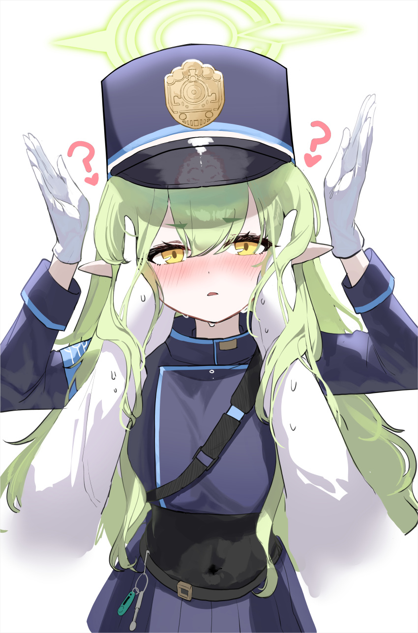 1boy 1girl ? absurdres black_hat black_shirt black_skirt blue_archive blush doodle_sensei_(blue_archive) gloves green_hair green_halo halo hat highres kabedoru long_hair long_sleeves looking_at_viewer open_mouth peaked_cap pleated_skirt pointy_ears sensei_(blue_archive) shirt simple_background skirt solo_focus sweat twintails white_background white_gloves yellow_eyes