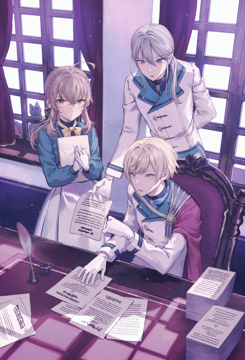 1girl 2boys 778-go ahoge blonde_hair blue_eyes blue_shirt brown_hair cape cover_image cyril_ashley desk felix_arc_ridill gloves green_eyes grey_hair hair_ribbon highres holding holding_paper ink_bottle jacket looking_through_window monica_everett multiple_boys nero_(silent_witch) paper paper_stack quill ribbon shirt sidelocks silent_witch sitting white_gloves white_jacket window