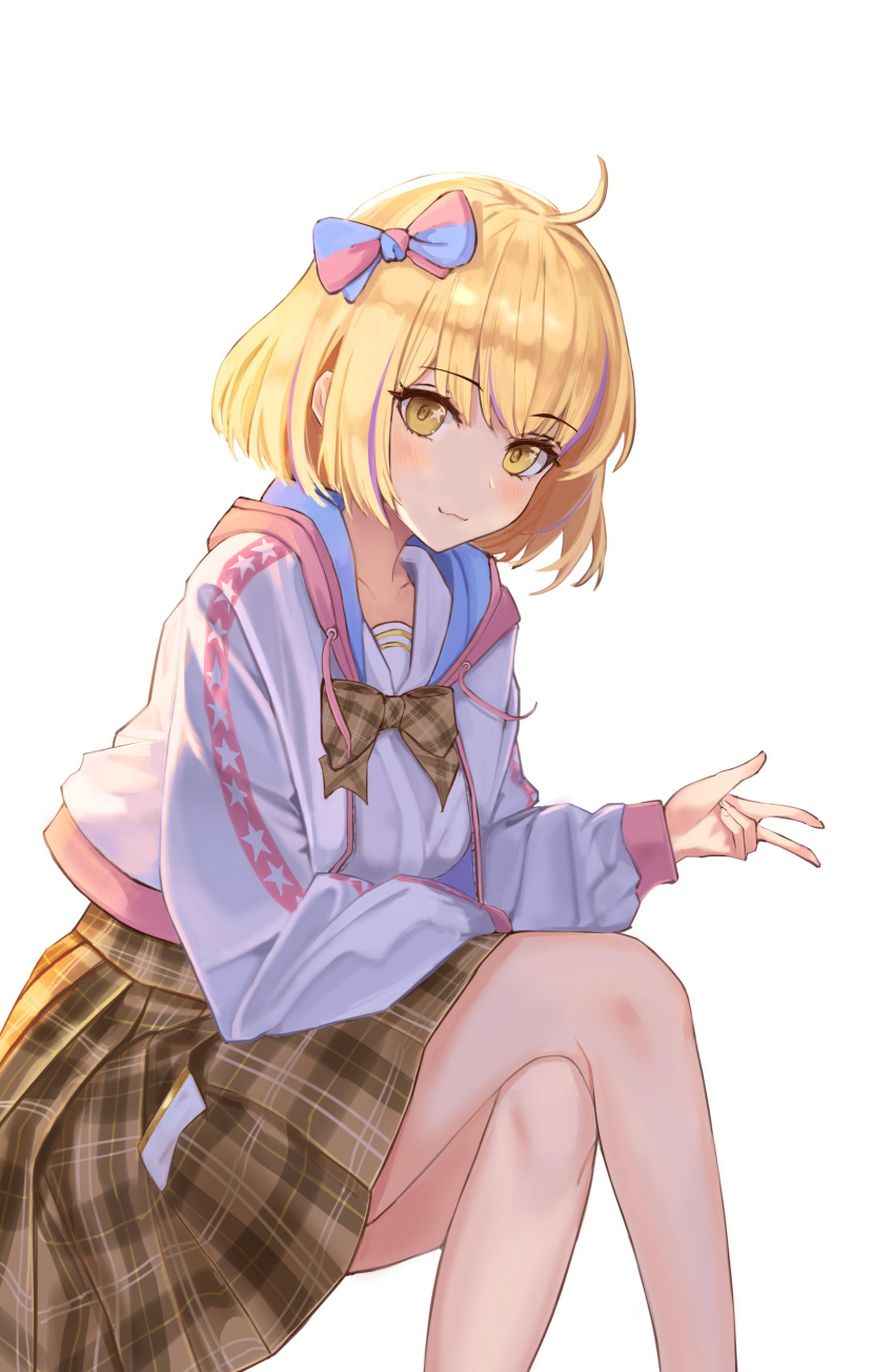 1girl absurdres ahoge bare_legs blonde_hair blue_bow bow bowtie brown_bow brown_bowtie brown_skirt chieru_(princess_connect!) crossed_legs hair_bow hand_on_own_thigh hand_up highres hood hood_down hoodie invisible_chair kimbird light_blush long_sleeves looking_at_viewer multicolored_hair phone_in_pocket pink_bow plaid plaid_bow plaid_bowtie plaid_skirt pleated_skirt princess_connect! puffy_long_sleeves puffy_sleeves purple_hair sidelocks simple_background sitting skirt smile streaked_hair two-tone_bow w white_background white_hoodie yellow_eyes