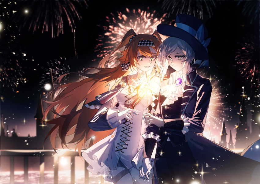 2girls ajunalmx ascot black_coat black_hat black_vest building checkered_hairband closed_mouth coat commentary cowboy_shot dress english_commentary fireworks gloves green_eyes grey_eyes grey_hat hat highres holding_fireworks holding_hands interlocked_fingers light_particles long_sleeves multiple_girls night open_mouth orange_hair outdoors purple_brooch reverse:1999 smile sonetto_(reverse:1999) sparkle sparkler top_hat two_side_up vertin_(reverse:1999) vest white_ascot white_dress white_gloves yuri