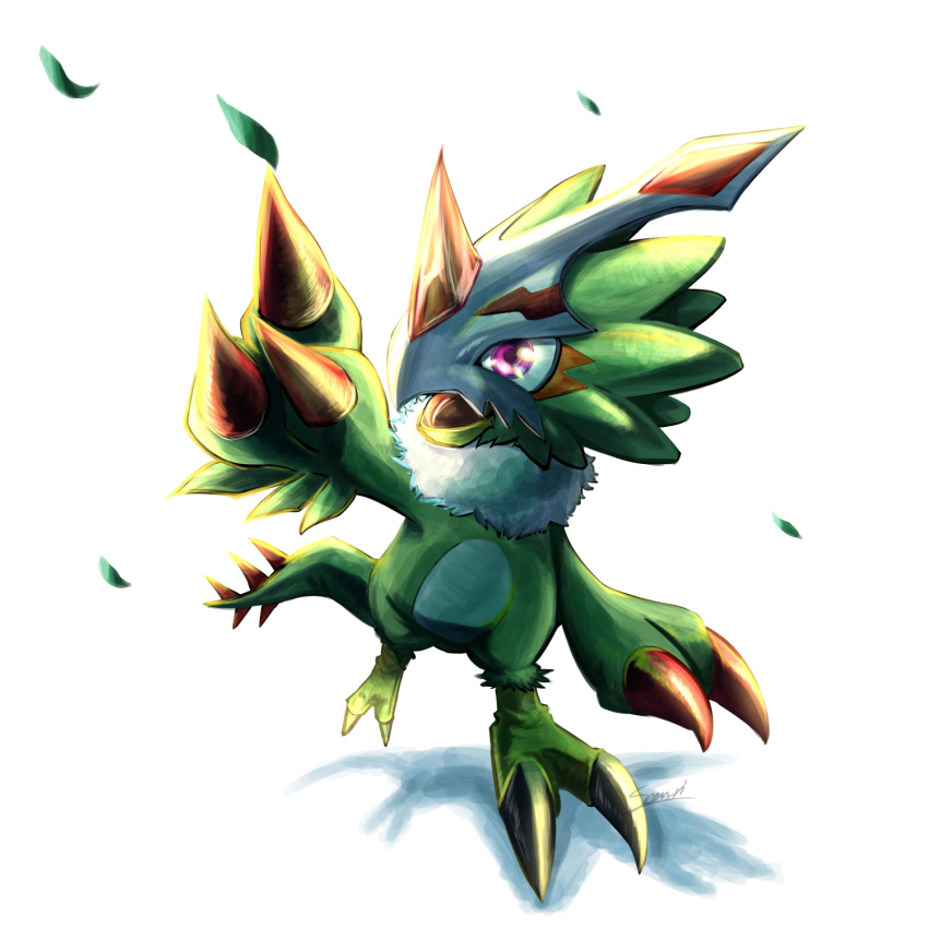 0903_senri beak bird claws digimon digimon_(creature) dragon feathers fewer_digits green_feathers highres leaf looking_up pteromon shadow signature simple_background solo talons violet_eyes white_background