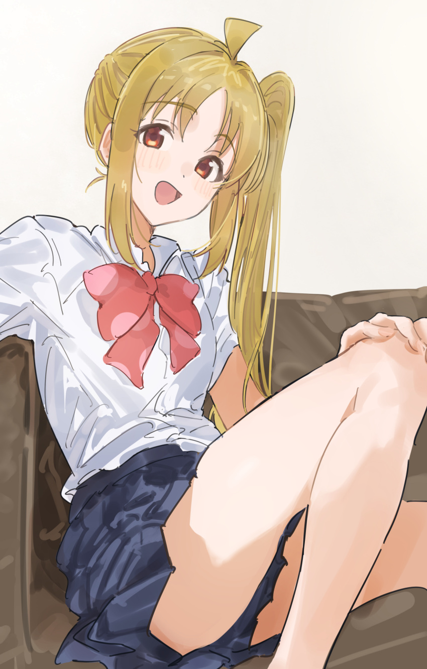 1girl 72megg :d absurdres ahoge bare_legs blonde_hair blue_skirt blush bocchi_the_rock! bow bowtie brown_eyes commentary hand_on_own_knee highres ijichi_nijika long_hair looking_at_viewer open_mouth pleated_skirt polka_dot polka_dot_bow red_bow red_bowtie shirt short_sleeves side_ponytail simple_background sitting skirt smile solo white_background white_shirt